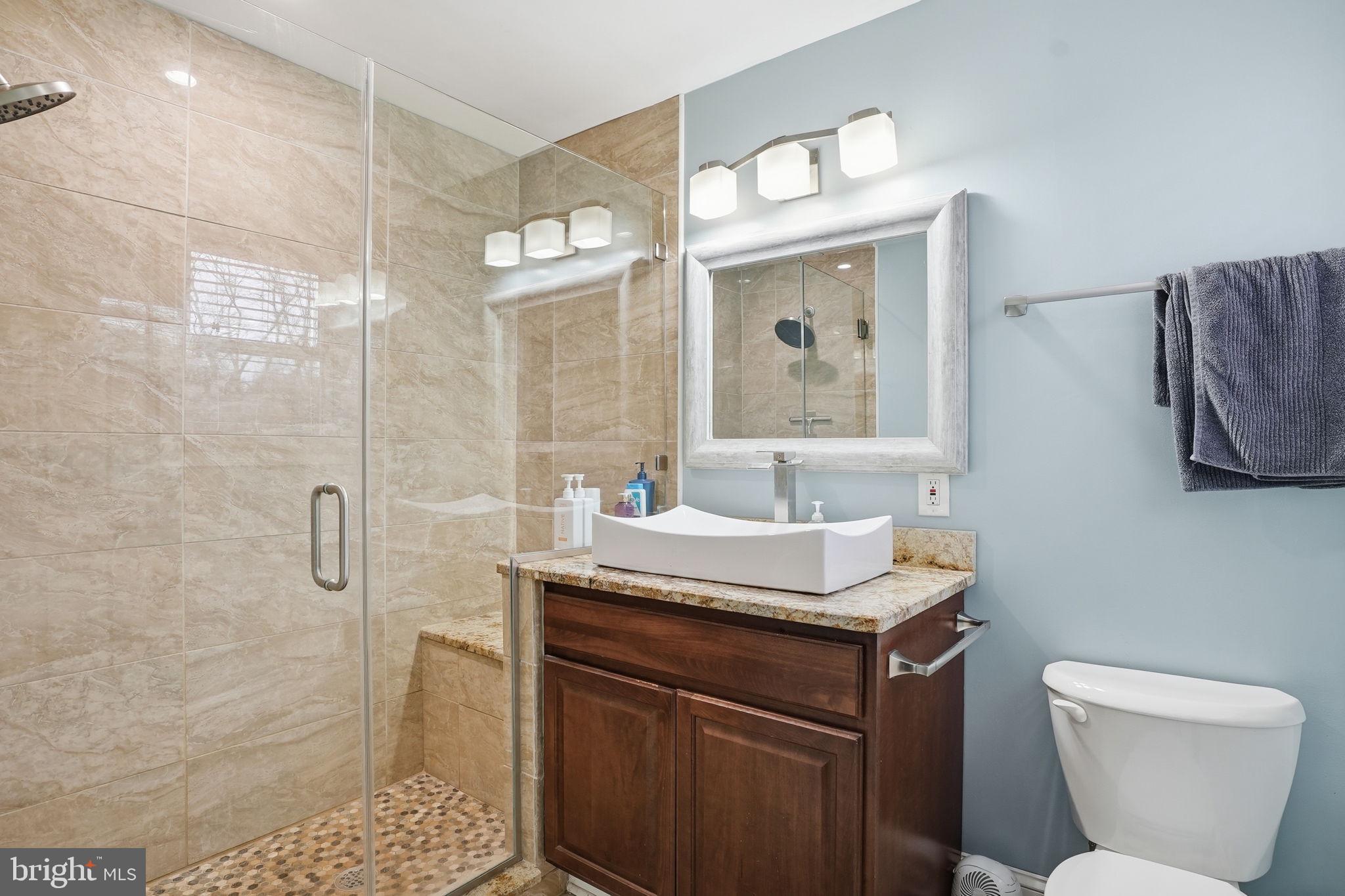 16402 Baden Naylor Road Brandywine, MD 20613 - Photo 20 of 37 a bathroom with a granite countertop sink toilet a mirror and shower