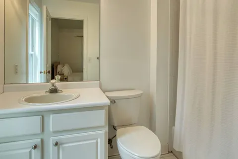 a bathroom with a sink a toilet and mirror