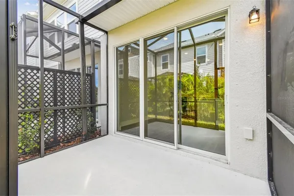 a garden view with a seating space