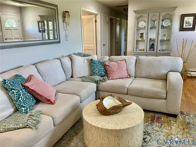 a living room with furniture and a potted plant