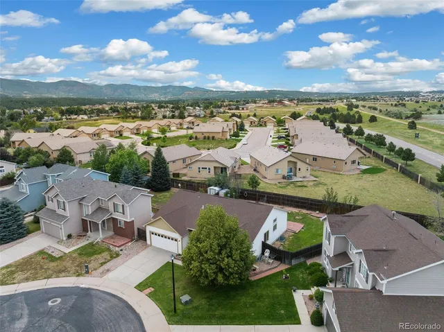 an aerial view of residential houses with outdoor space