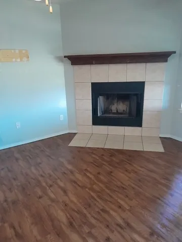 a room with a fireplace