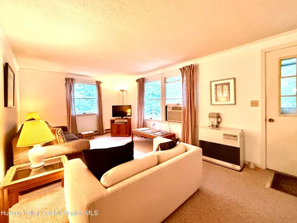 a living room with furniture and a lamp