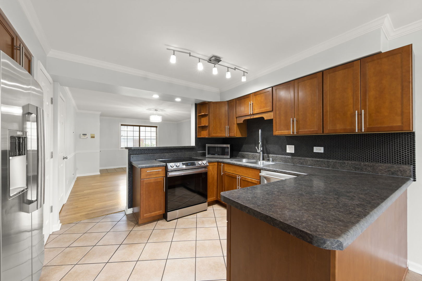 1338 South Lorraine Road, Unit D Wheaton, IL 60189 - Photo 9 of 23 a kitchen with stainless steel appliances granite countertop a sink dishwasher stove and refrigerator with wooden floor