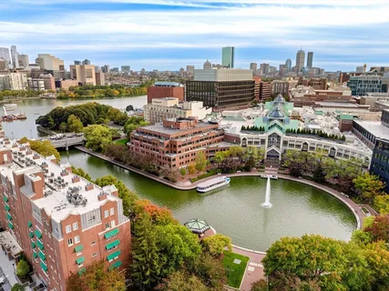 a view of a lake with a city