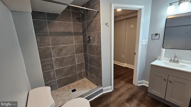 a bathroom with a sink a toilet and shower