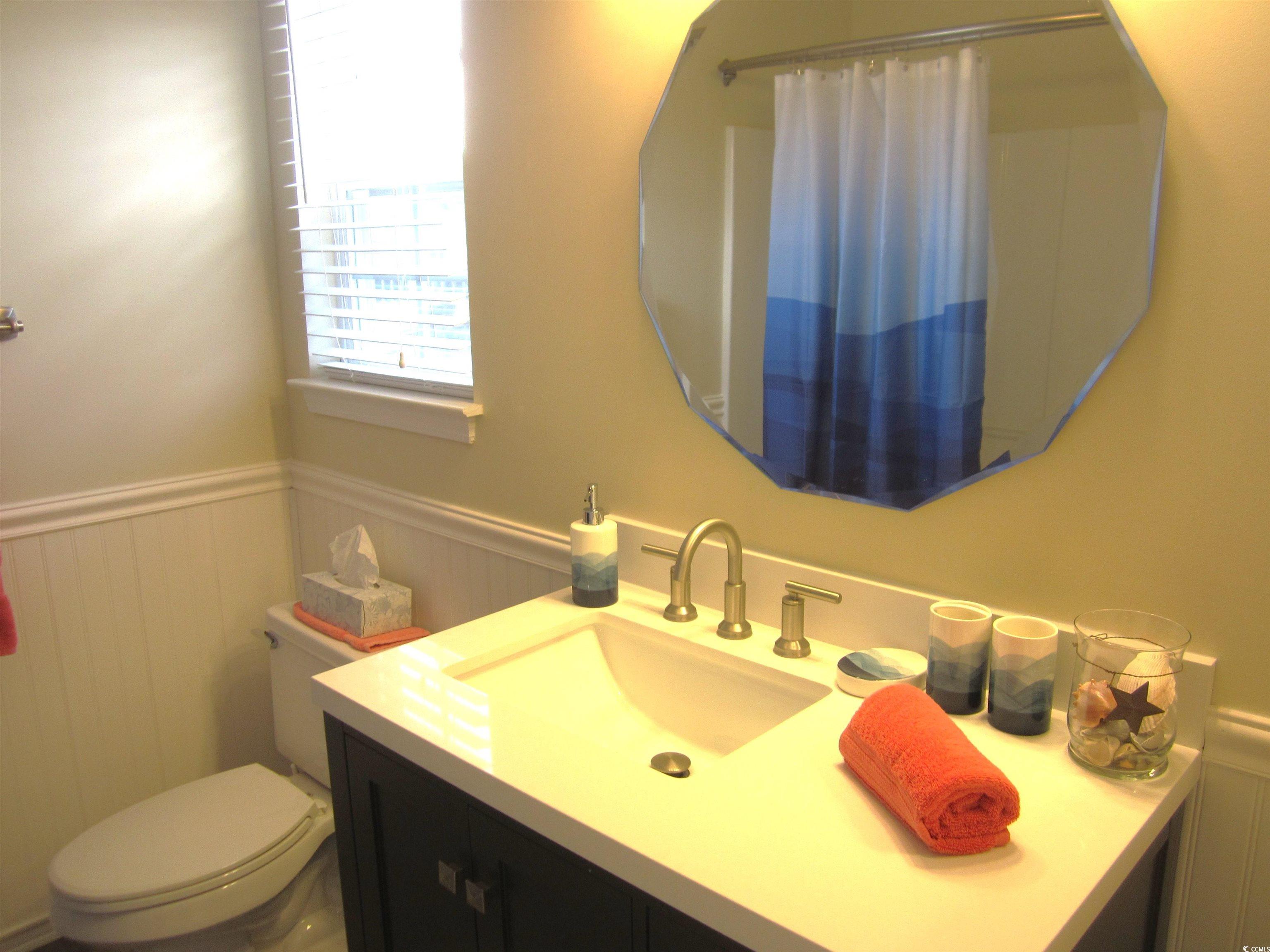 1071 Pinwheel Loop, Unit 1071 Myrtle Beach, SC 29577 - Photo 20 of 39 Bathroom featuring vanity, toilet, and wood walls