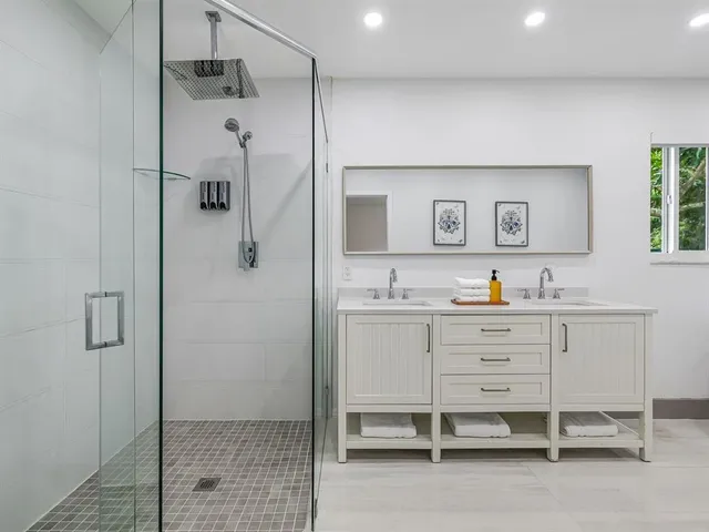 a bathroom with a sink a mirror and a shower