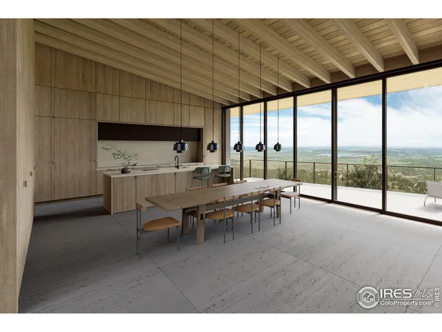 a dining room with furniture and a floor to ceiling window