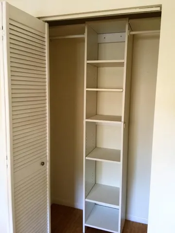 a view of walk in closet with empty racks