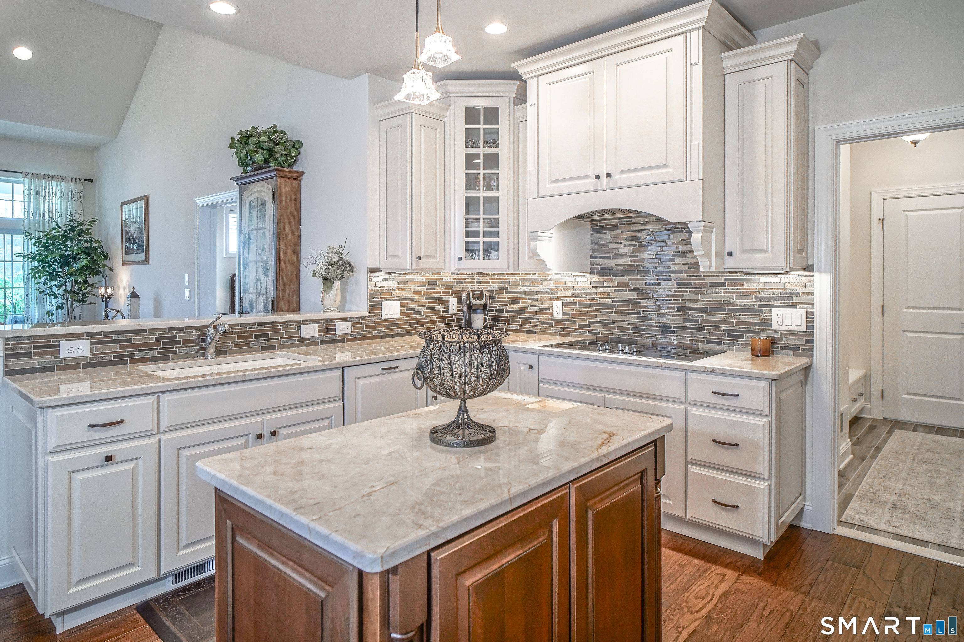 Gourmet kitchen with top-of-the-line cabinets, appliances, lighting, and countertops. A cook's dream with a stunning hood and under-cabinet lighting.