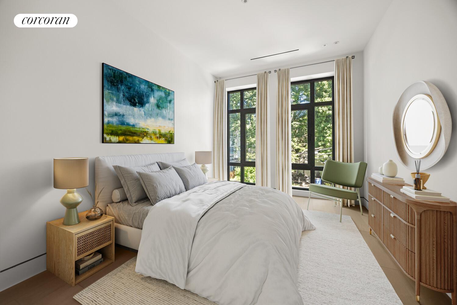 259 Halsey Street, Unit 3R Brooklyn, NY 11216 - Photo 4 of 10 a bedroom with a bed a mirror and a large window