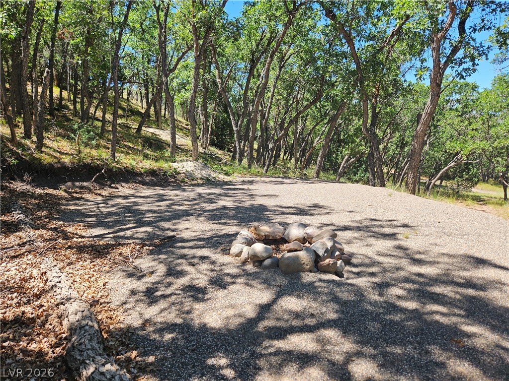 495 West Lutherwood Road Alton, UT 84710 - Photo 31 of 35 A well-maintained gravel path with a stone fire pit nestled among mature trees offers a serene outdoor retreat.