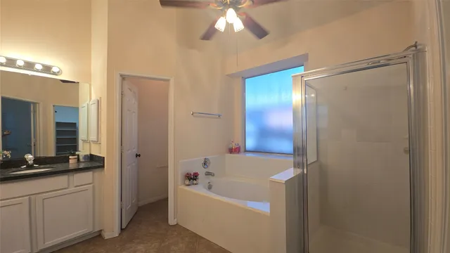 a bathroom with a bathtub a shower a sink and a large mirror