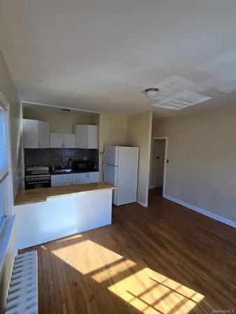 a view of kitchen with stainless steel appliances cabinets and wooden floor