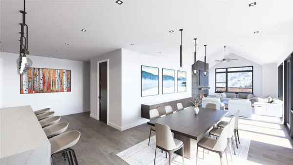 a view of a dining room with furniture window and wooden floor