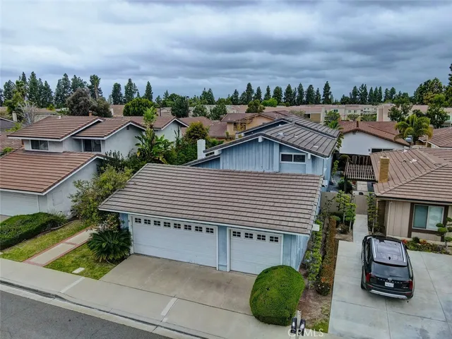 a aerial view of a house with a yard and potted plants