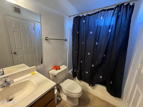 a bathroom with a sink a toilet and shower curtain