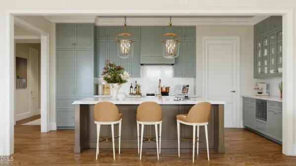 a dining room with furniture and wooden floor