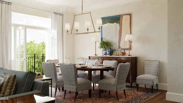 a view of a dining room with furniture window and wooden floor