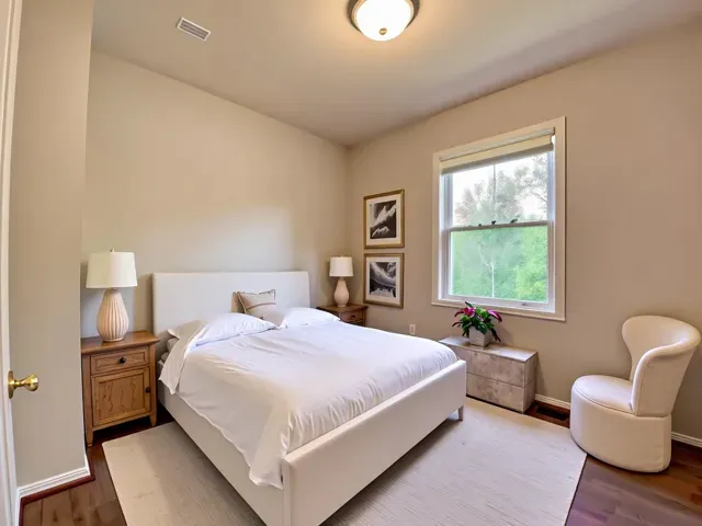 a bedroom with a bed and a couch