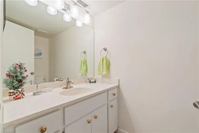 a bathroom with a sink vanity and a mirror
