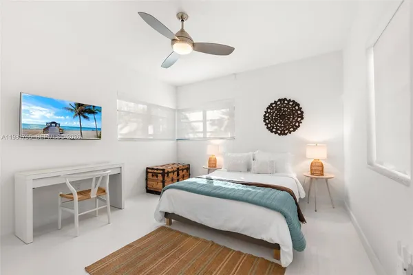 a bedroom with a bed and a tv on the dresser