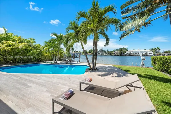 a view of a backyard with swimming pool