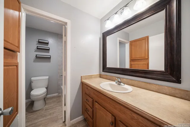 a bathroom with a sink a toilet and a mirror