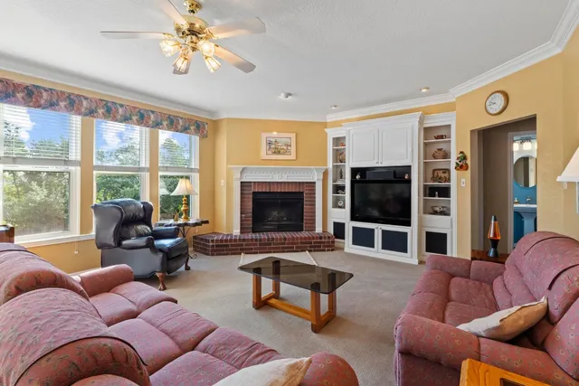 a living room with furniture ceiling fan and a fireplace