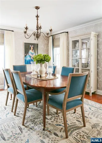 a view of a dining room with furniture