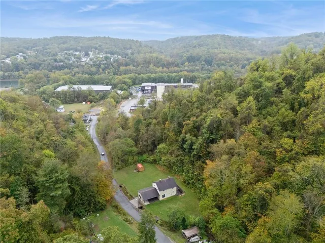 an aerial view of residential houses with outdoor space and trees