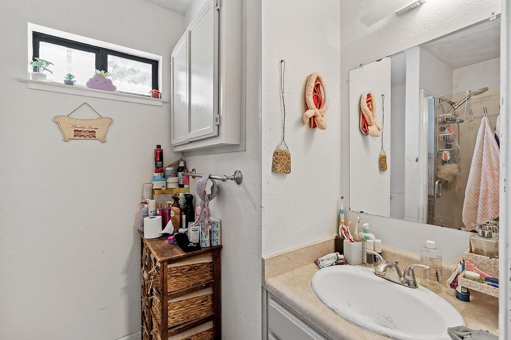 672 Irwin Lane Santa Rosa, CA 95401 - Photo 30 of 35 a bathroom with a sink vanity mirror and a shower curtain