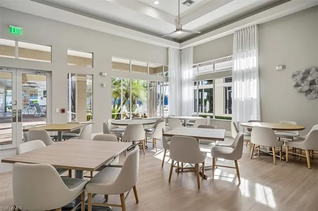 a view of a dining room with furniture window and outside view