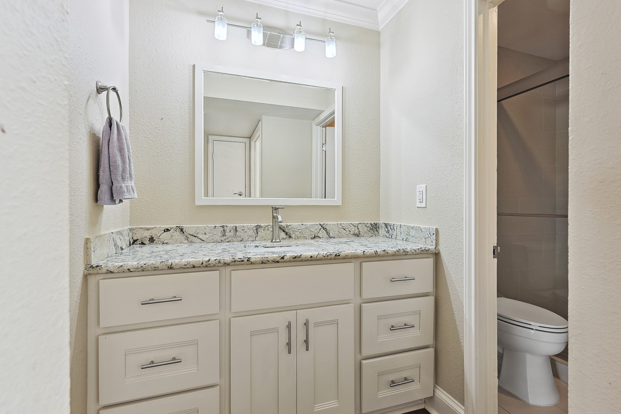 3402 Garrott Street, Unit 15 Houston, TX 77006 - Photo 6 of 17 a bathroom with a granite countertop toilet sink and mirror