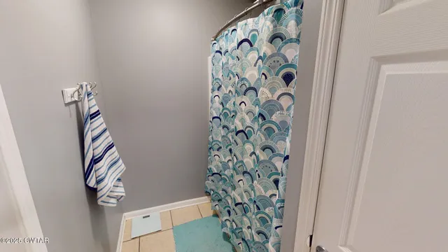 a bathroom with a shower curtain