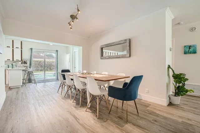 a view of a dining room with furniture and wooden floor