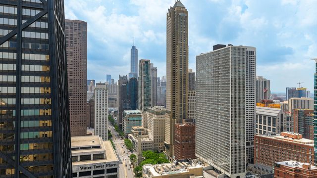 a city view with tall buildings