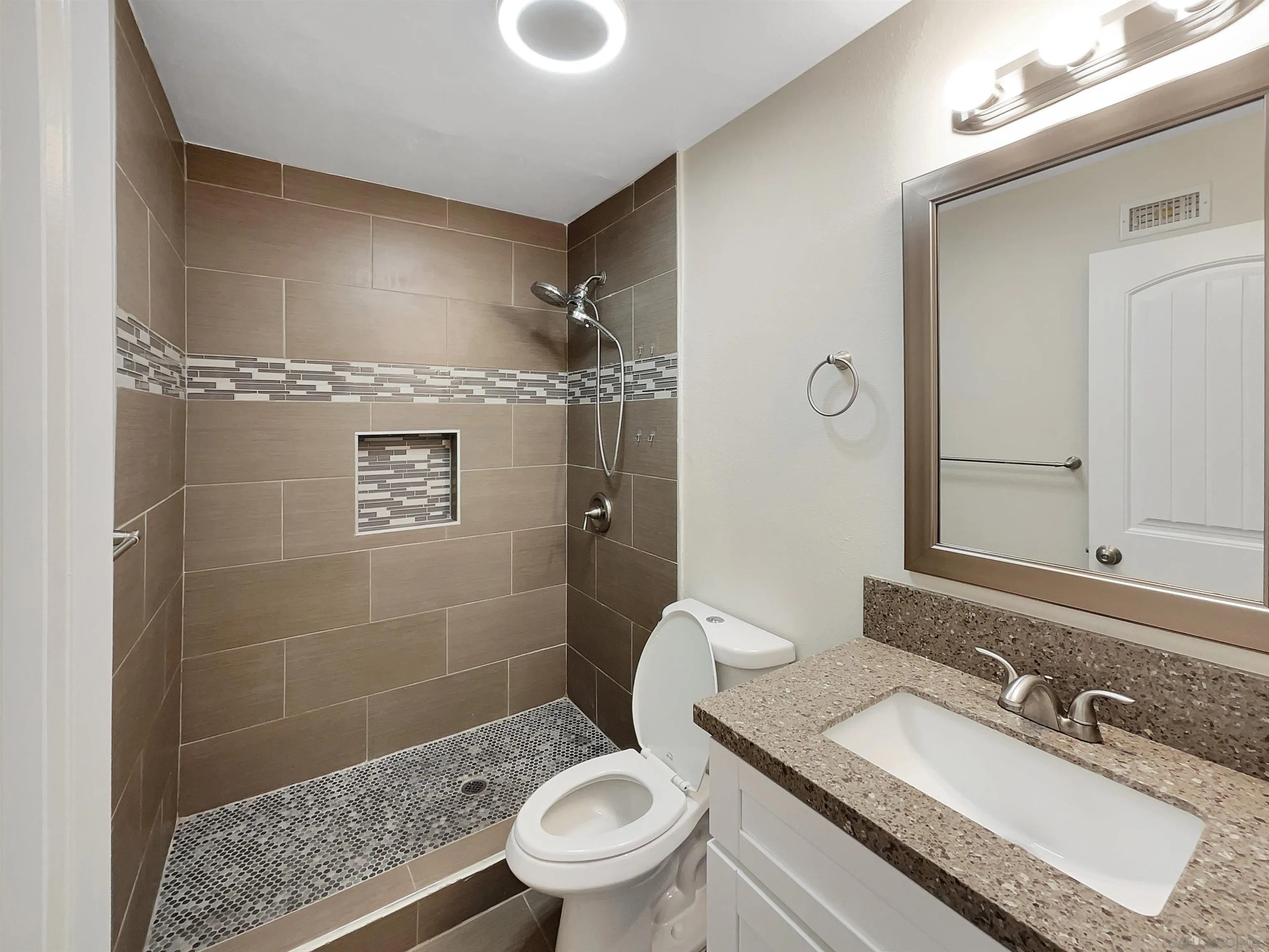 8238 Cacus Street Spring Valley, CA 91977 - Photo 19 of 22 a bathroom with a granite countertop sink a toilet a mirror and shower
