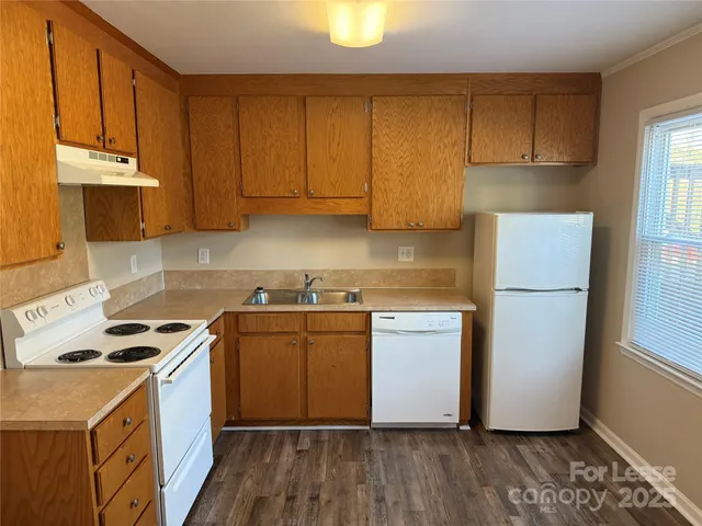 a kitchen with a refrigerator a stove a sink and cabinets
