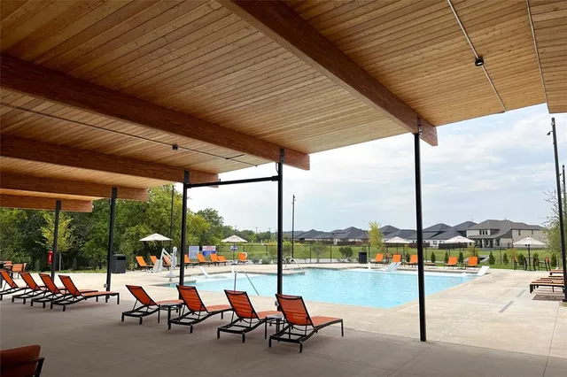 an aerial view of a pool