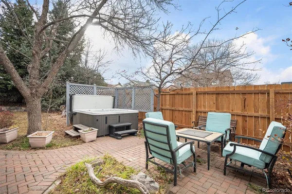 a backyard of a house with table and chairs