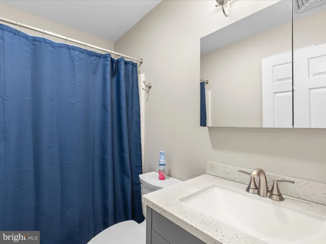 a bathroom with a sink vanity mirror and toilet