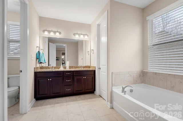 a bathroom with a tub a sink and a large mirror