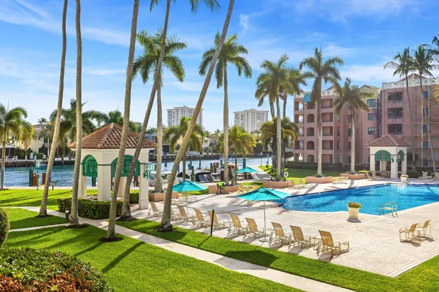a view of swimming pool with lawn chairs and palm trees