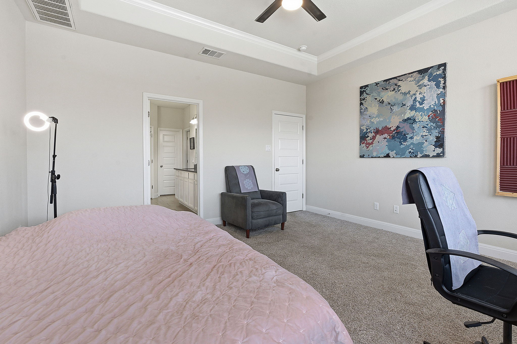 117 Methodius Drive Hutto, TX 78634 - Photo 15 of 40 Bedroom with a desk, carpet flooring, a tray ceiling, ornamental molding, and ceiling fan