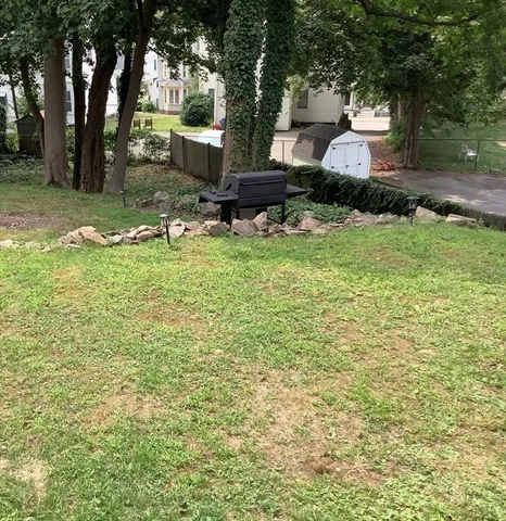 a view of a backyard with large trees