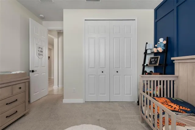 a view of a hallway with closet and toys