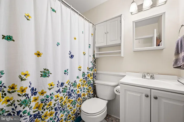 a bathroom with a sink a toilet and shower curtain