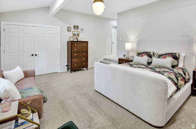 1350 Canyon Park Road Bountiful, UT 84010 - Photo 20 of 38 Carpeted bedroom with vaulted ceilings, recessed lighting, and a prominent pair of white panel doors